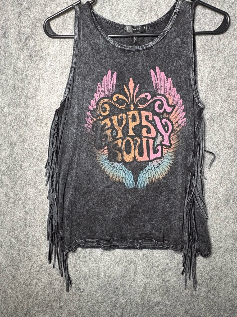 Gypsy Soul Fringe Tank Top Black with Pink/Blue Graphic Fringe Sides Sz S